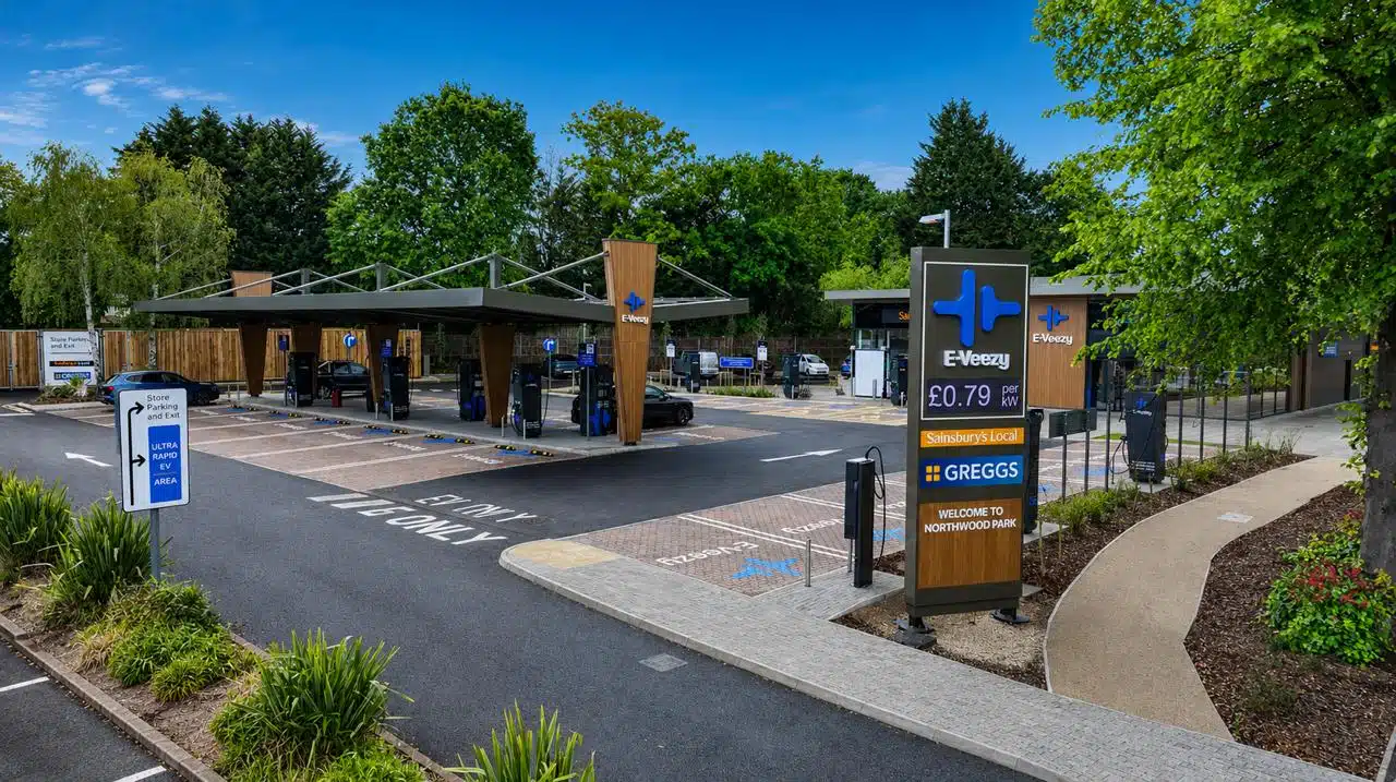 E-Veezy ultra-rapid EV charging hub at Northwood Park, Manor Royal, Crawley near Gatwick Airport.